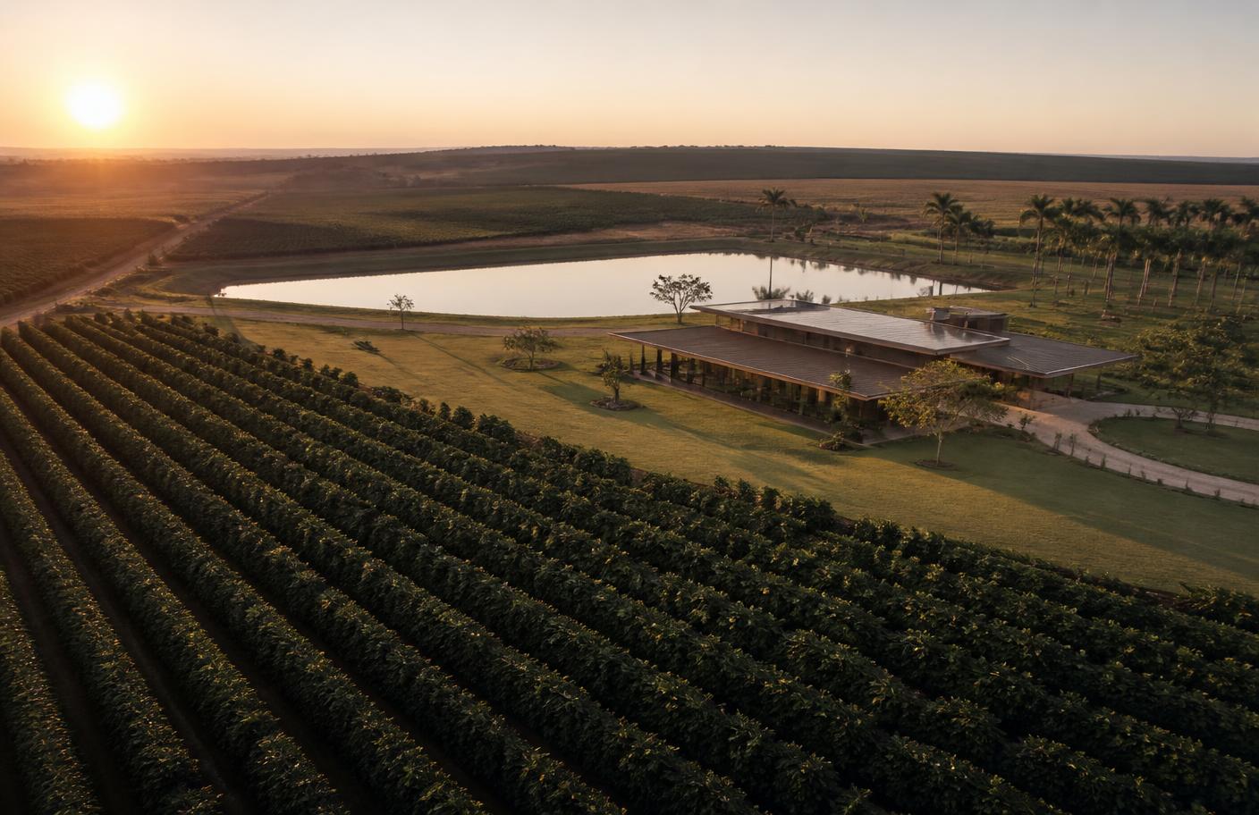 Vista aérea de propriedade rural moderna ao entardecer